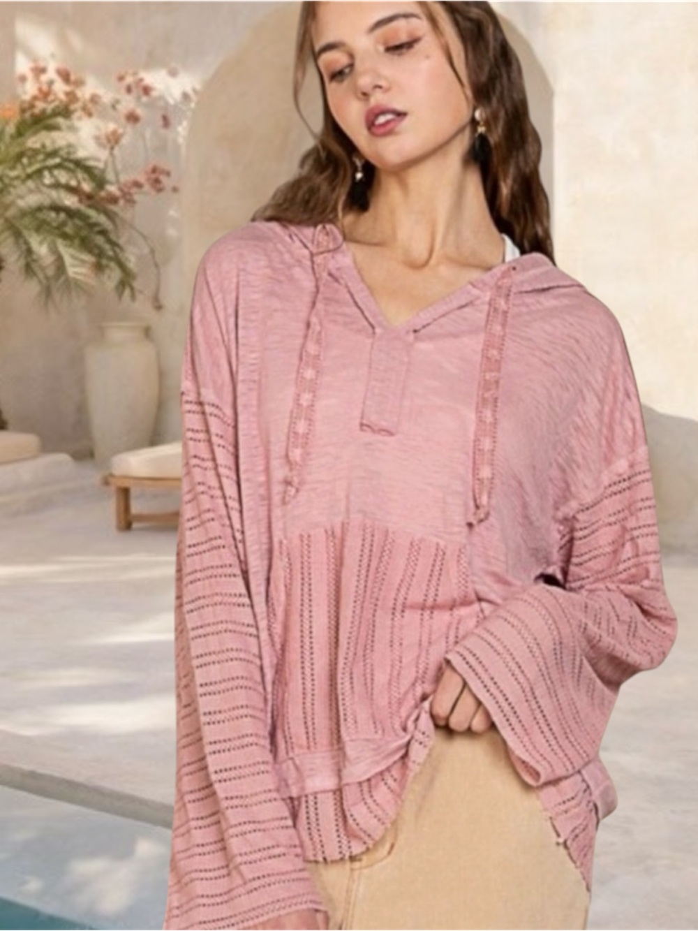POL Mauve Pink Lightweight Knit Hoodie Boho Beach Cover Up Resort Top - Picture 2 of 5